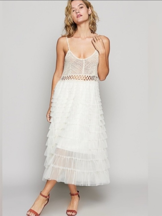 POL Dresses & Skirts - POL White Ecru Tulle Ruffled Midi Dress with Crochet Waist Top